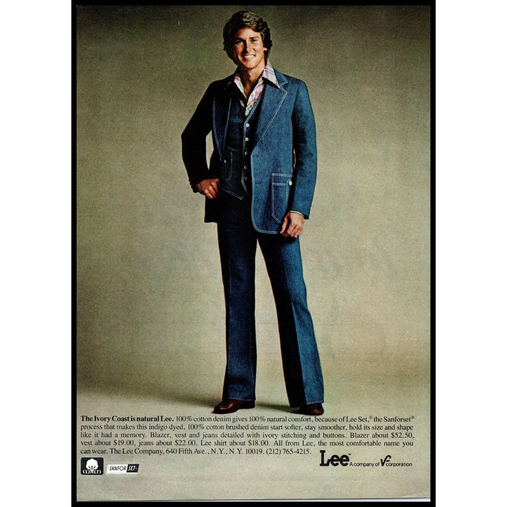 1978 Lee Denim Suit Vintage Print Ad Disco Wide Collar Canadian Tuxedo Wall Art